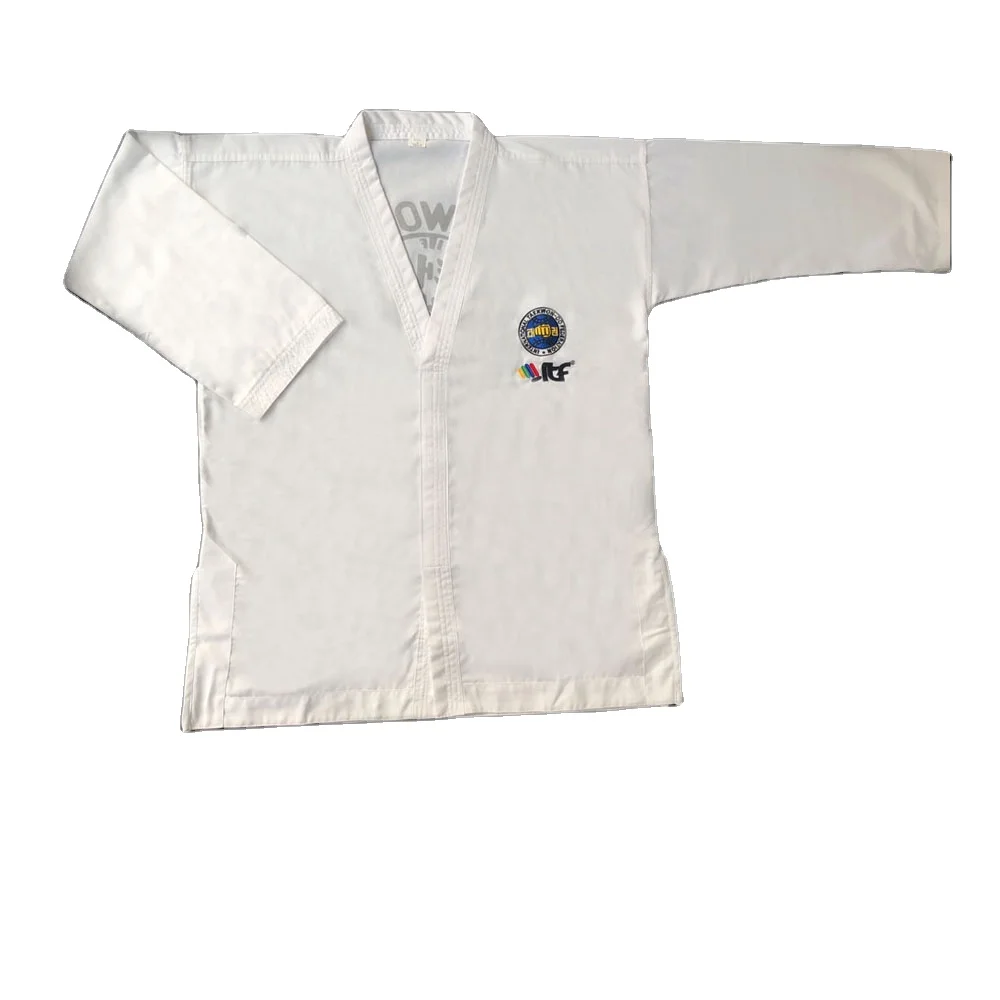 

China factory sale supply embroidery logo itf dobok taekwondo uniforms, White