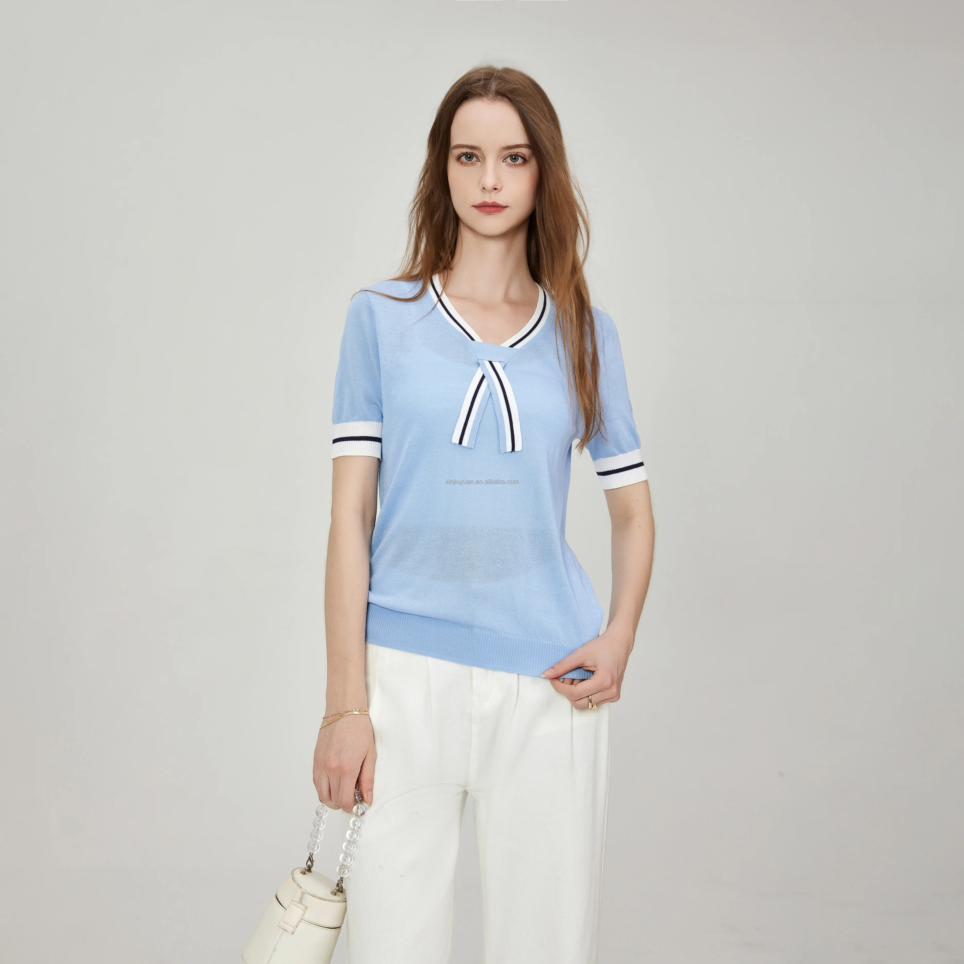Women's Striped Sailor Collar Short Sleeve Casual Knit Top Ribbed Hem Casual Crewneck Knit Shirt