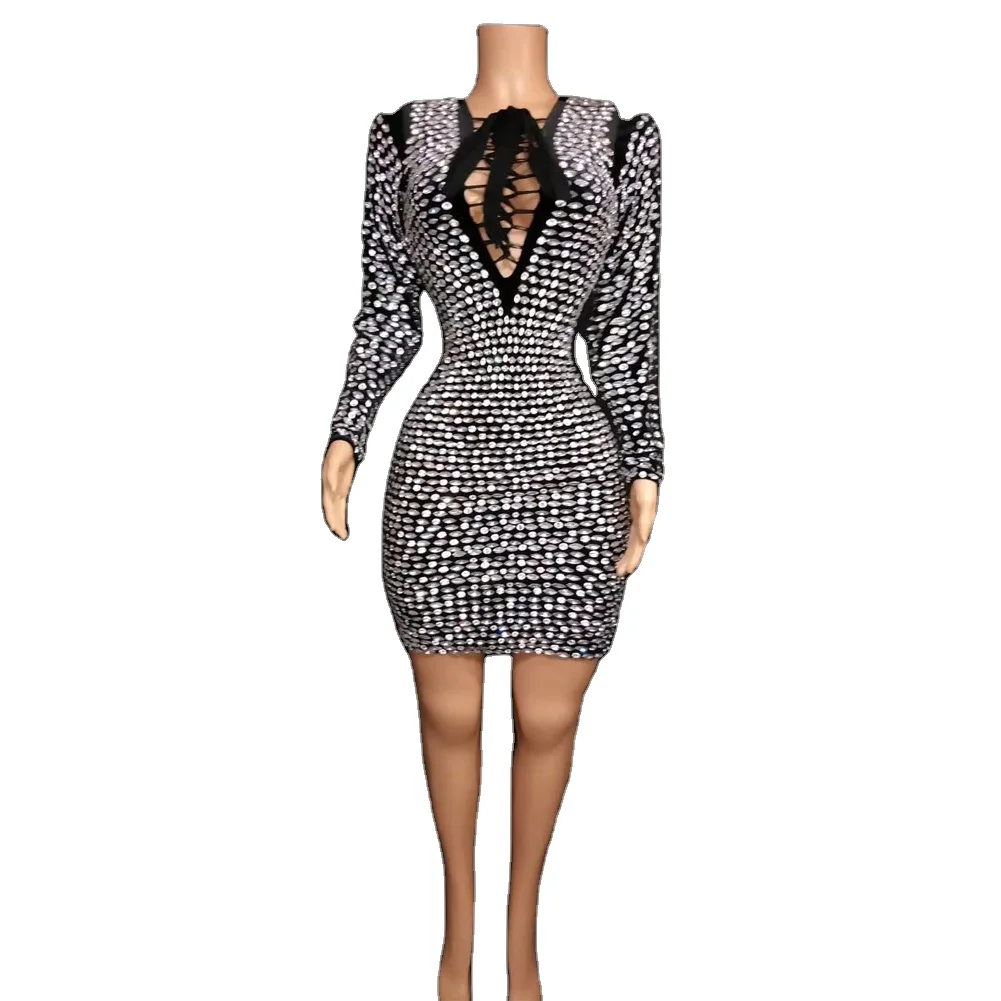 

Ladies Strap Tie Front Long Sleeve Sexy V Neck Dinner Dresses Evening Heavy Beaded Dress Stage Costume