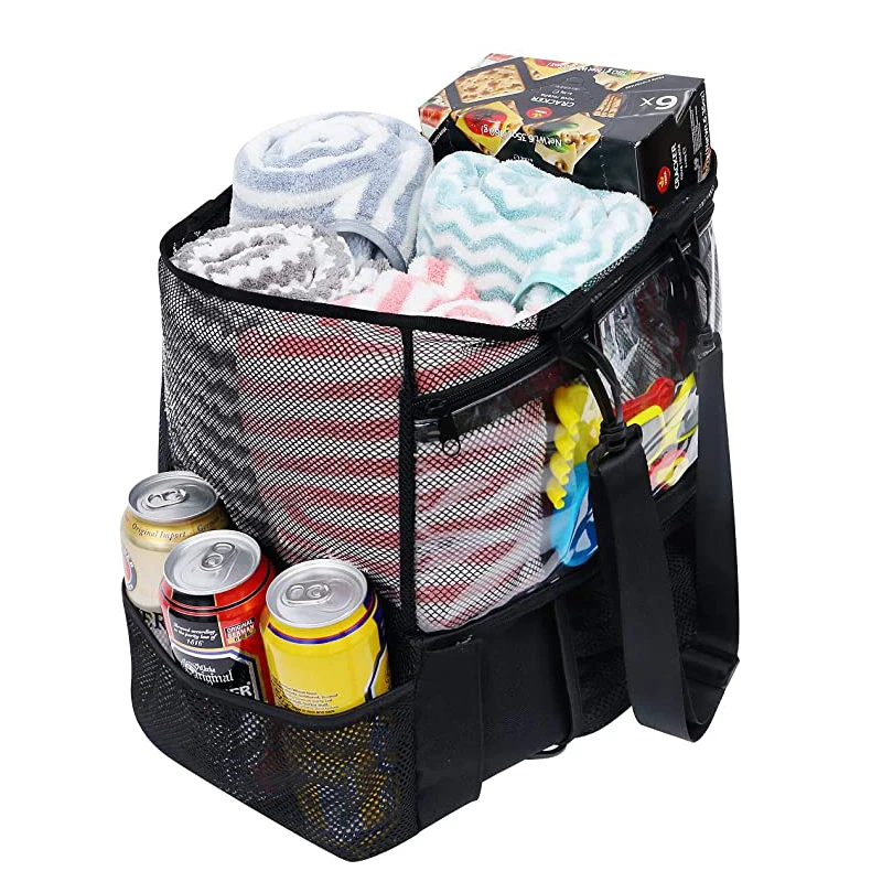 

Wholesale 41L Family Picnic Grocery Travel Backpack Lightweight Storage Oversized Pockets Large Beach Tote Bag Custom Mesh Bags, Black or customize