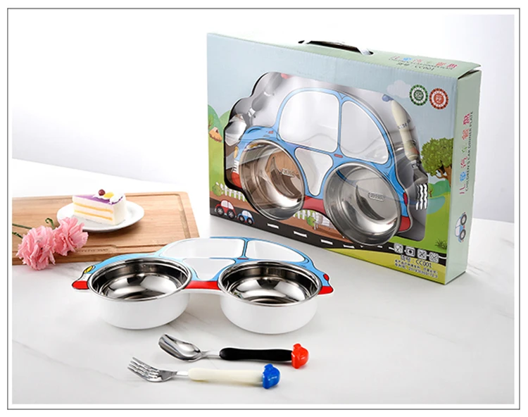 New Product 2021 Kitchen Accessories 3 Pcs Stainless Steel Baby Feeding Plate Spoon Fork Children Tableware Set Dinnerware Sets