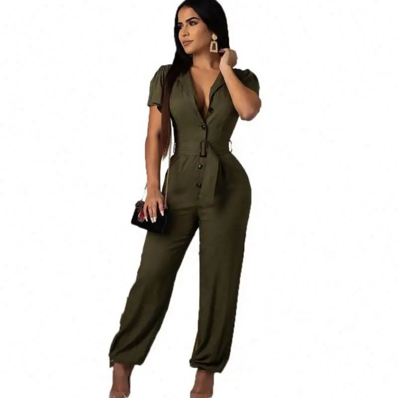 

Elegant Office Lady Jumpsuit Women Long Pants Autumn Army Green Jumpsuits Belt Casual Workwear B777