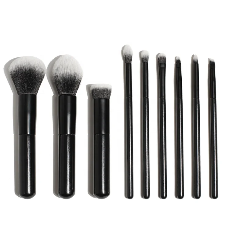 

ZH High Quality 9pcs Oem Soft Synthetic Hair Wood Handle Custom Logo Make Up BrushesBlack Vegan Makeup Brush Set Private Label