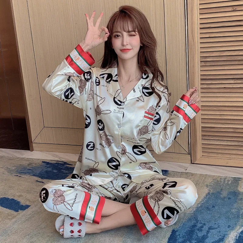 

Thousand bird case pajamas little lady spring and autumn ice silk long sleeve cardigan sweet two piece pajamas silk home wear, Picture shows