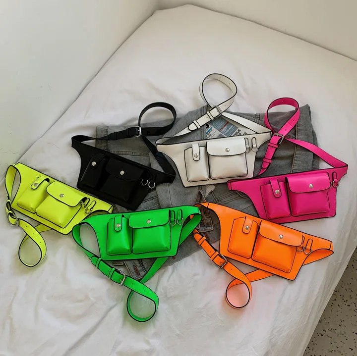 

2021 New Hot Selling Ladies Fashion PU Leather Fresh Neon Colors Fanny Packs Girls Waist belt bags Wholesale For Spring Summer, Black white, neon yellow,neon pink, green,orange 6 colors