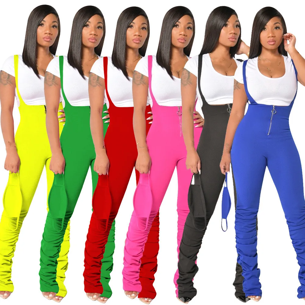 

lvCong 2021 Wholesale plus size solid color stacking zipper woman pants jumpsuit high waist pants with suspenders