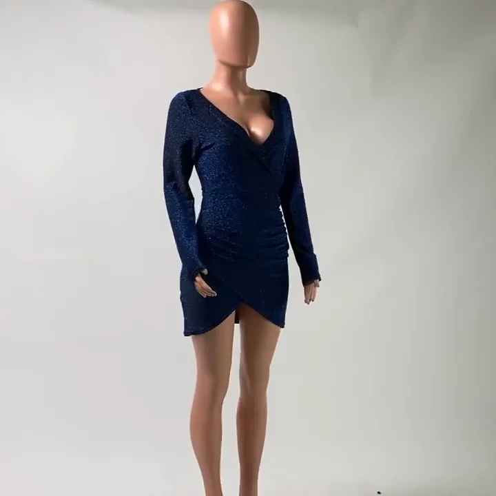 

Hot Silver Women Autumn and Winter dress Metallic Sexy V-neck Bodycon Mini Dress
