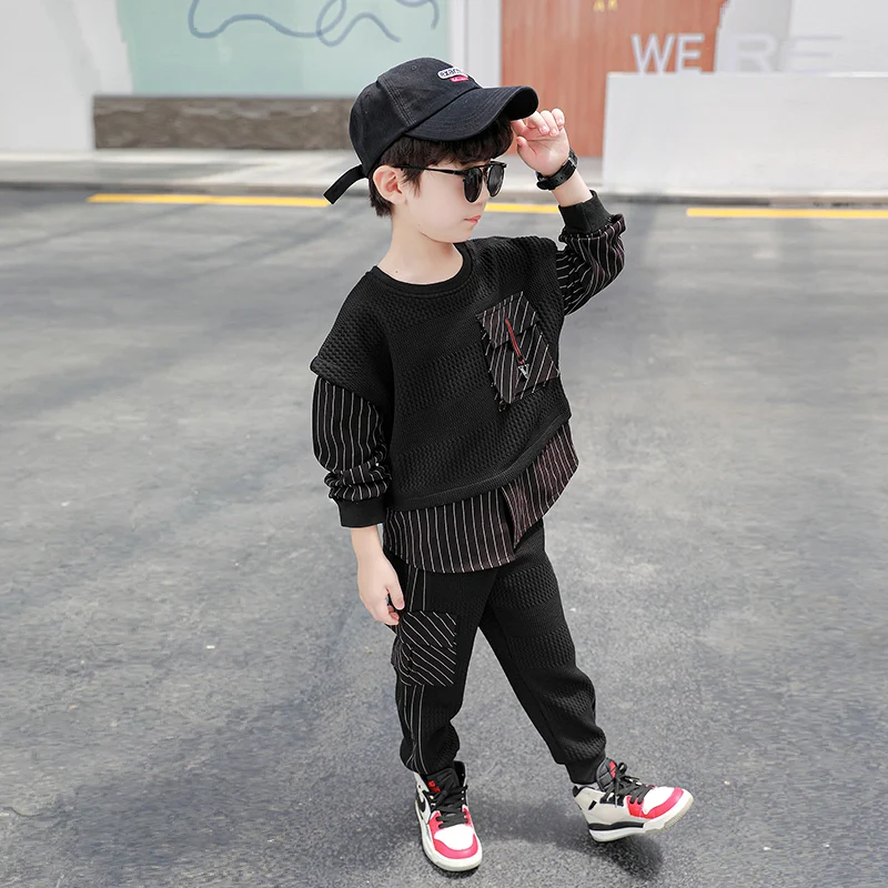 
DRZYF2008B01 Spring Autumn Kids Clothing Sets Fashion Design Casual Black Boy Sweatshirt and Pants Clothes Children 