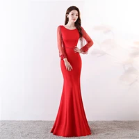 

91267#Bride toast new autumn long sleeve water drill chain fish tail long style evening dress sexy tail