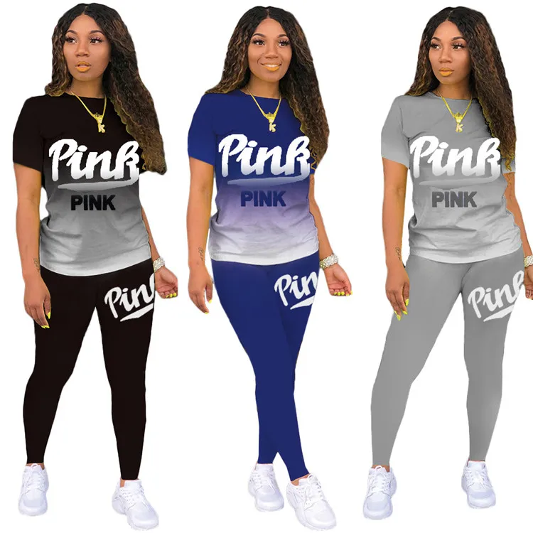 

KC5196 Short Sleeve Turtleneck Two Piece Jumpsuit Set Sport Streetwear Outfits Long Trousers Letter Pink Printed Women