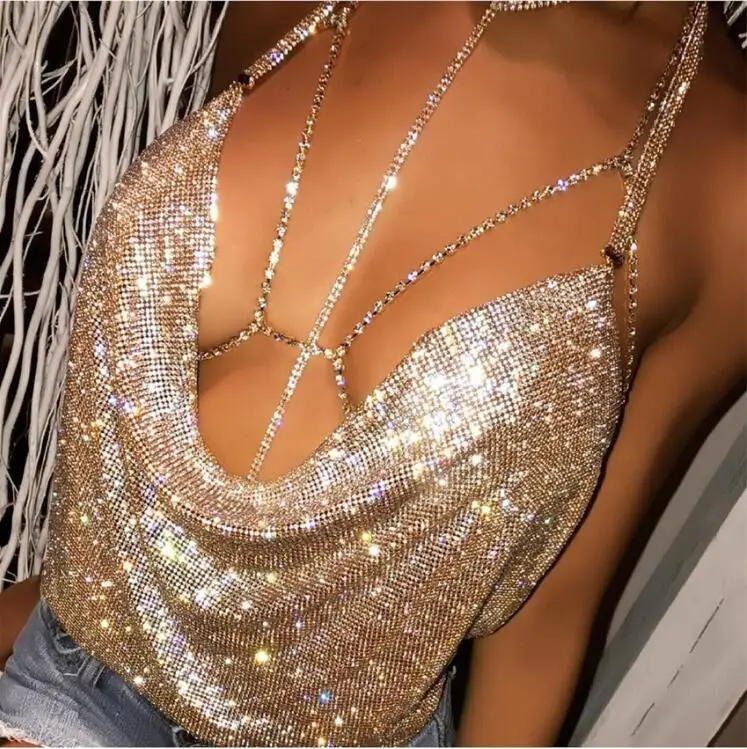 

night club women diamond deep v sequins crop tops for 2021 Women's Sexy camis tank tops