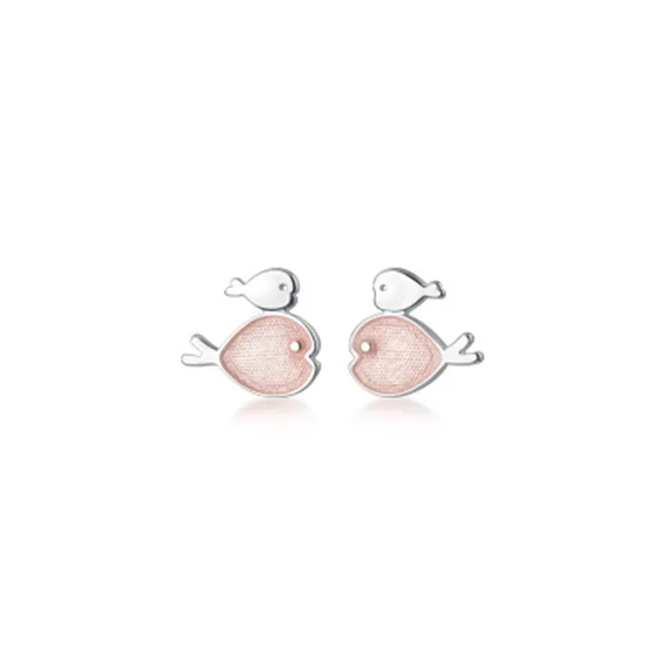 

Pink Enamel Ocean Style Two Tone 925 Sterling Silver Double Fish Stud Earrings, White gold