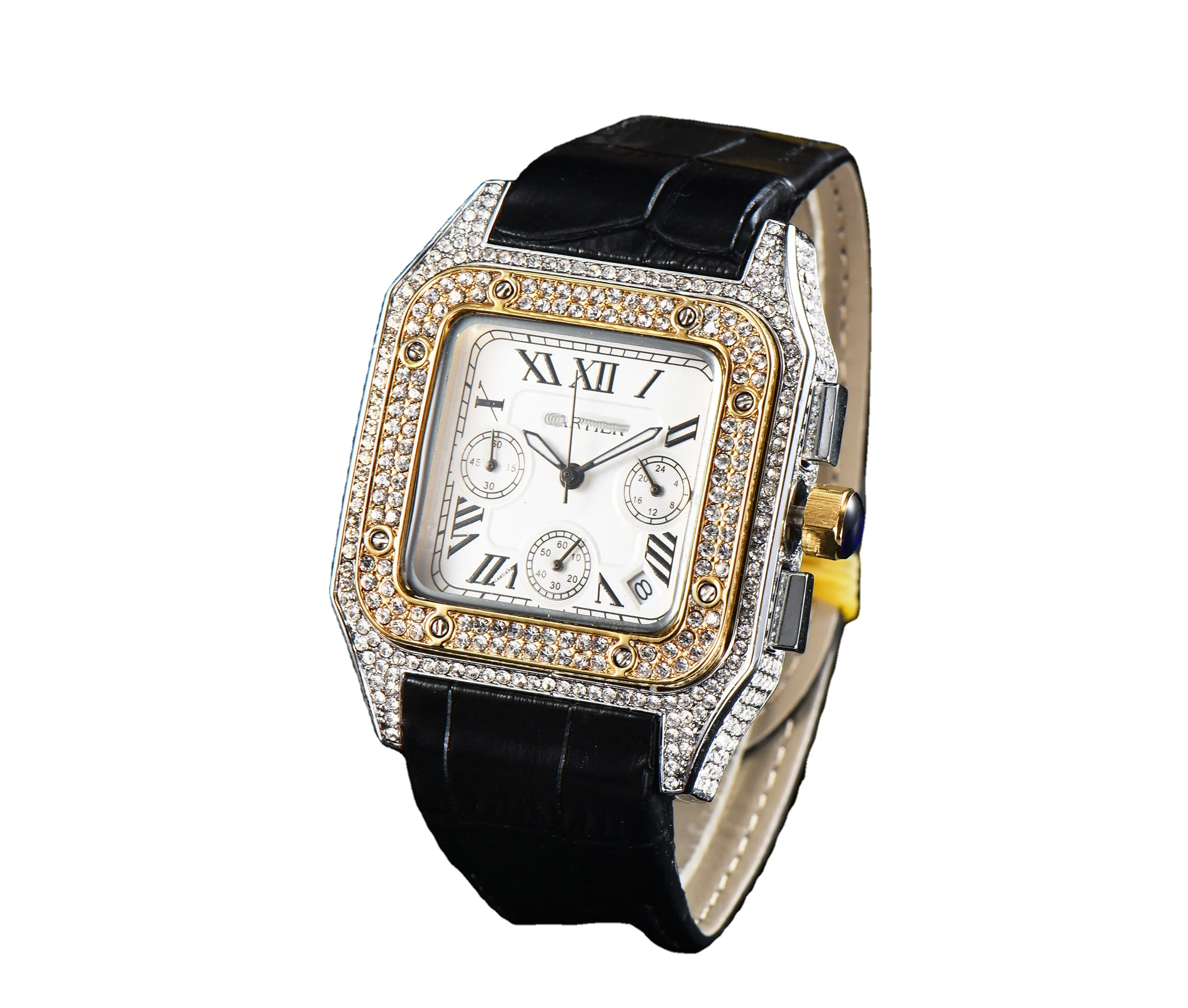 

Car brand men's watch with brick inlaid small three needle leather strap