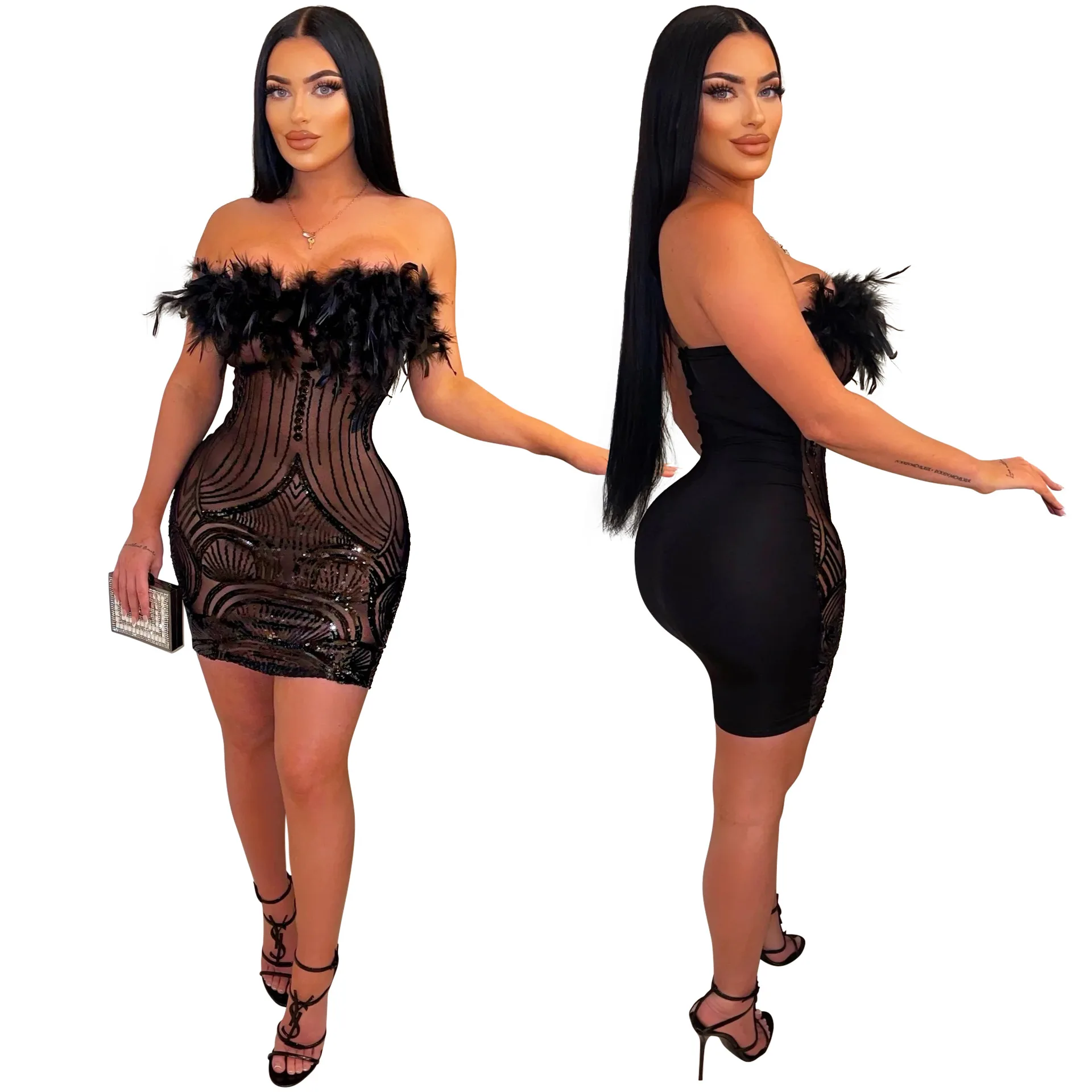 Strapless See Through Feather Bodycon Mini Dress