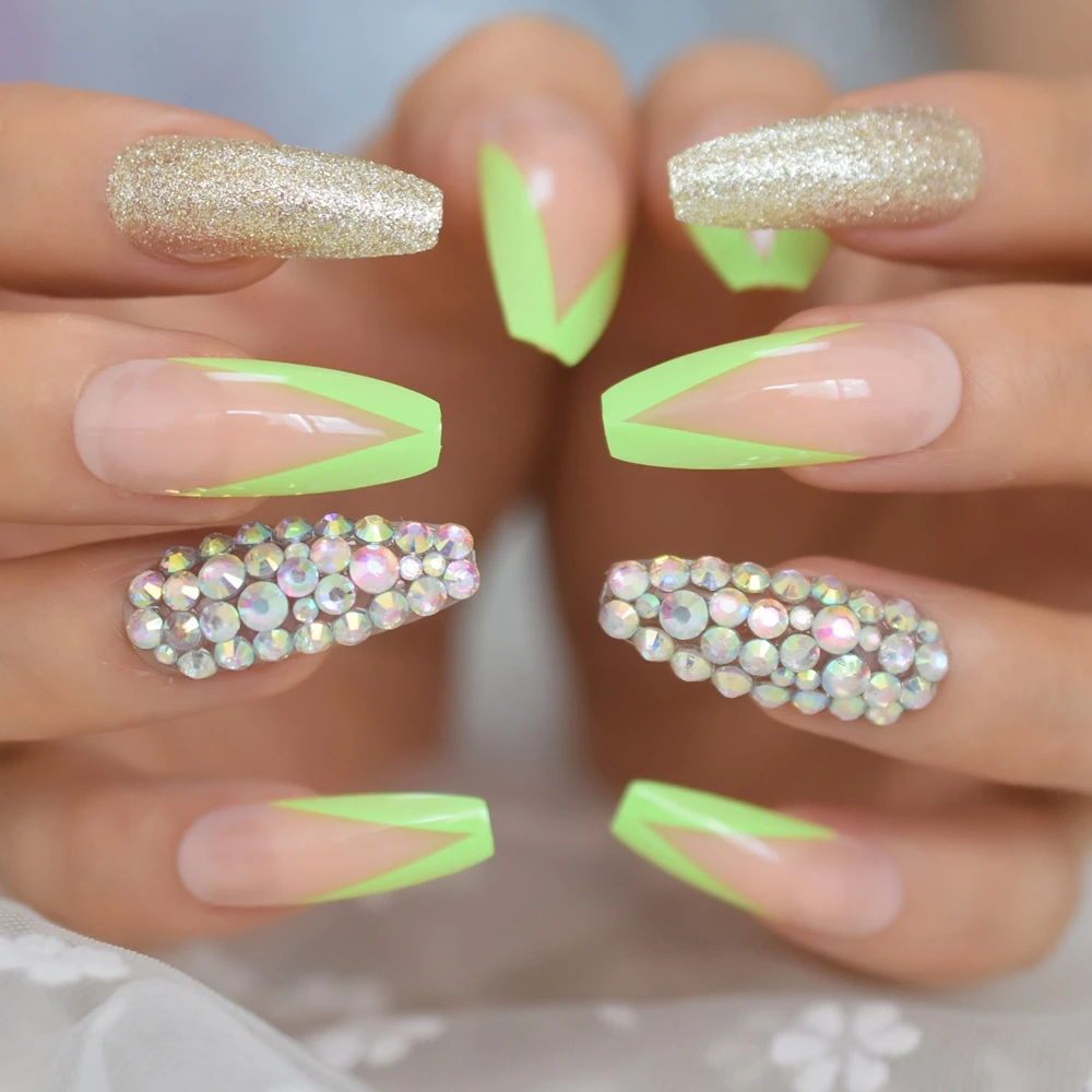 

Sparkling 3D Rhinestone Nails Green Fake Nails Long Artificial Bright French False Nail Pre-designed 24 L5721