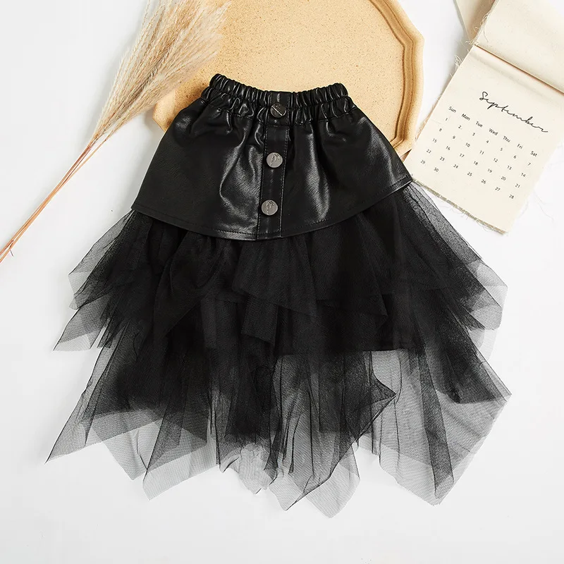 

Fashion Spring Autumn and Winter Baby Girls PU Leather Skirts Pleated Children's Casual Skirt