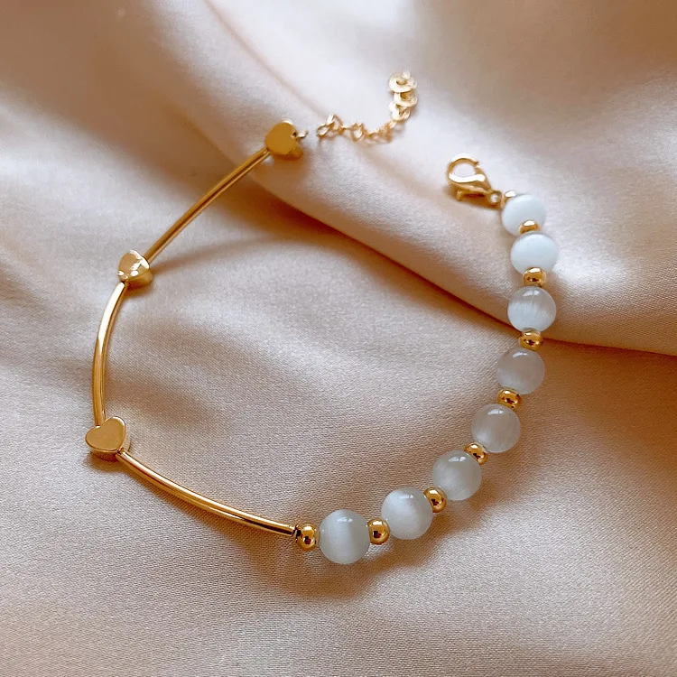 

Personalized White Opal Stone Beaded Bracelet Gold Plated Puffed Love Heart Bangle Bracelet, As picture shows