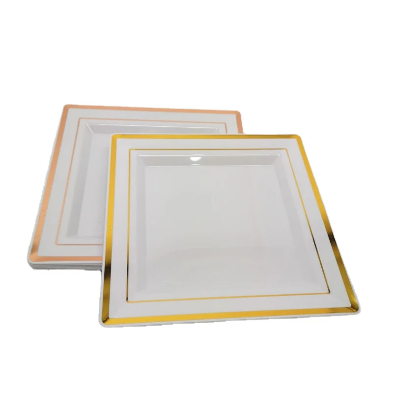 

100 Piece Plastic Disposable 7 inch Square Plates with Gold Rim