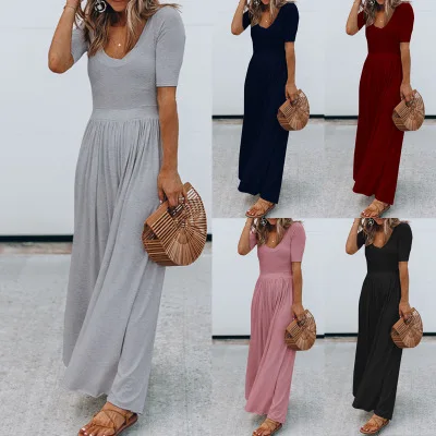 

summer one piece dress short sleeve off shoulder plus size bodycon long maxi dress solid color summer Evening dress Colkder