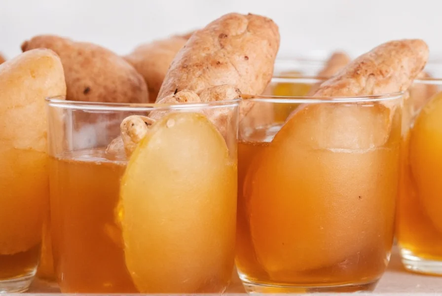 Glass bottle containing golden ginger shot next to fresh ginger root and lemon slices