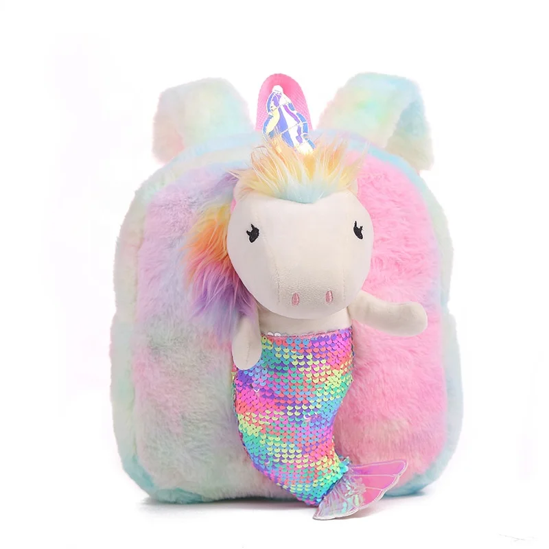 

Fluffy sequin kids school bag kawaii mermaid unicorn plush toy backpack