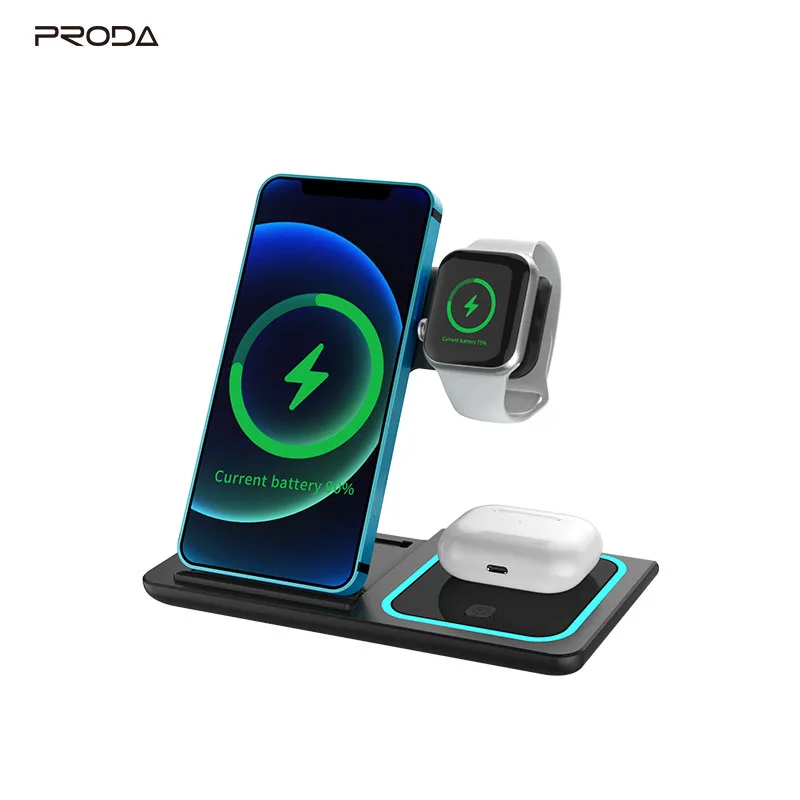 

PRODA/AZEADA 15W Foldable 3 In 1 Wireless Charger PD-W5 Mobile Phone Fast Portable For Apple Watch iPhone Chargers, Black, silver