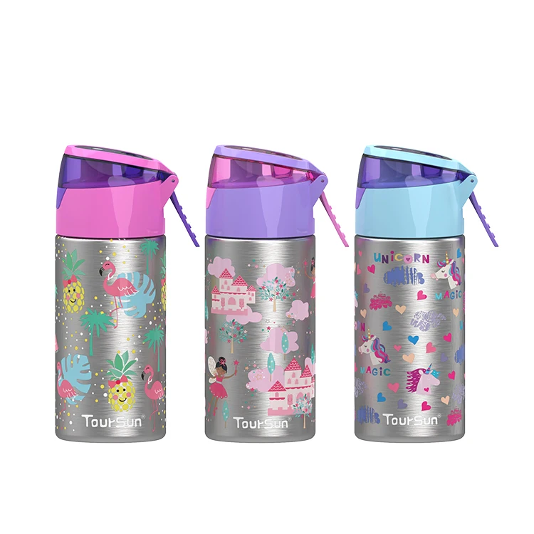 

300ml children cartoon printed stainless vacuum flask thermos water bottle with mist spray water bottle