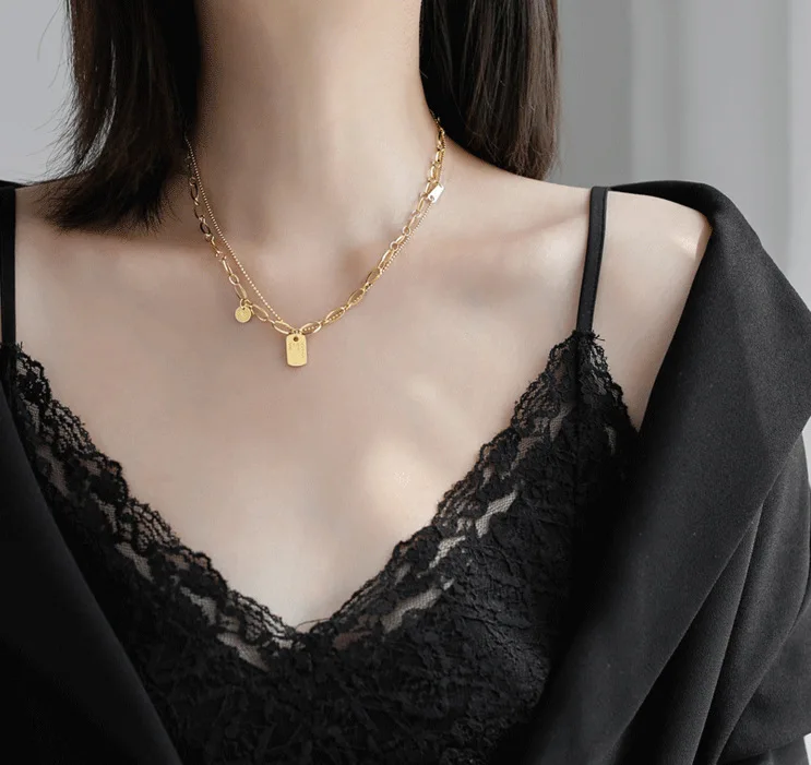 

Multi Layered Necklace Women Round Punk Style Necklace Gold Color Tag Necklace Girl Party Wear Gift Jewelry, Gold,silver,rose gold