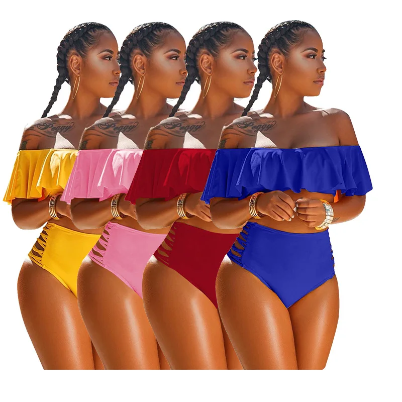 

AOKO 2021 New Arrivals Fashion Women Sexy Off Shoulder Flared Wrap Chest Ripped Panties Solid 2 Pieces Set Bikini Swimwear, Picture show