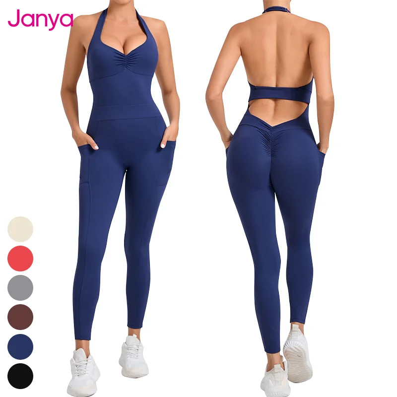 Scrunch Butt Pockets Sports Rompers Halter Gym Bodysuit Backless Fitness Workout Jumpsuits One Piece Yoga Jumpsuit Women's Sets