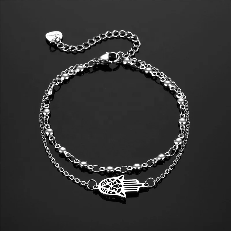 

Free Shipping Jewelry Double Layer Chain Bracelet Women Stainless Steel Hamsa Hand Bracelet, White