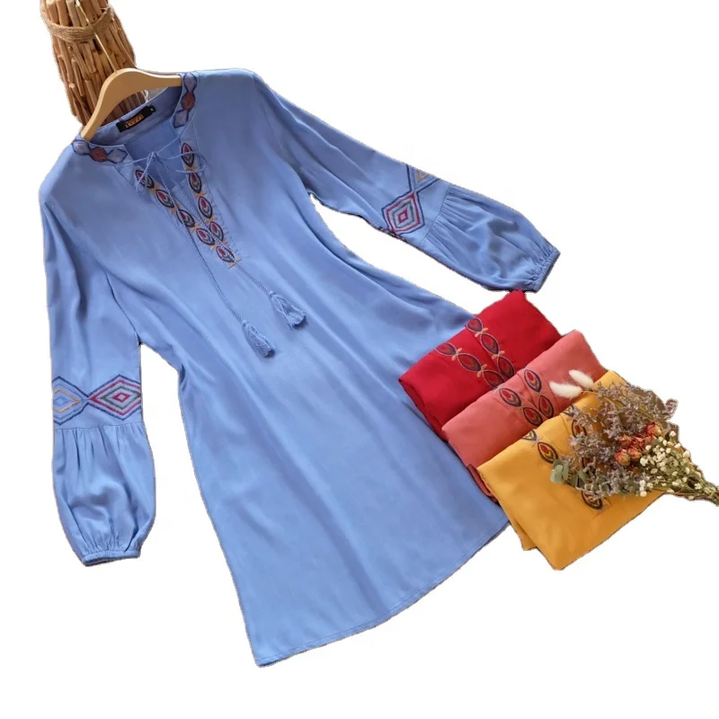 

Factory Direct Sale Lantern Sleeve Muslim Ladies Stitching Embroidered Dress, Blue,red,yellow,pink