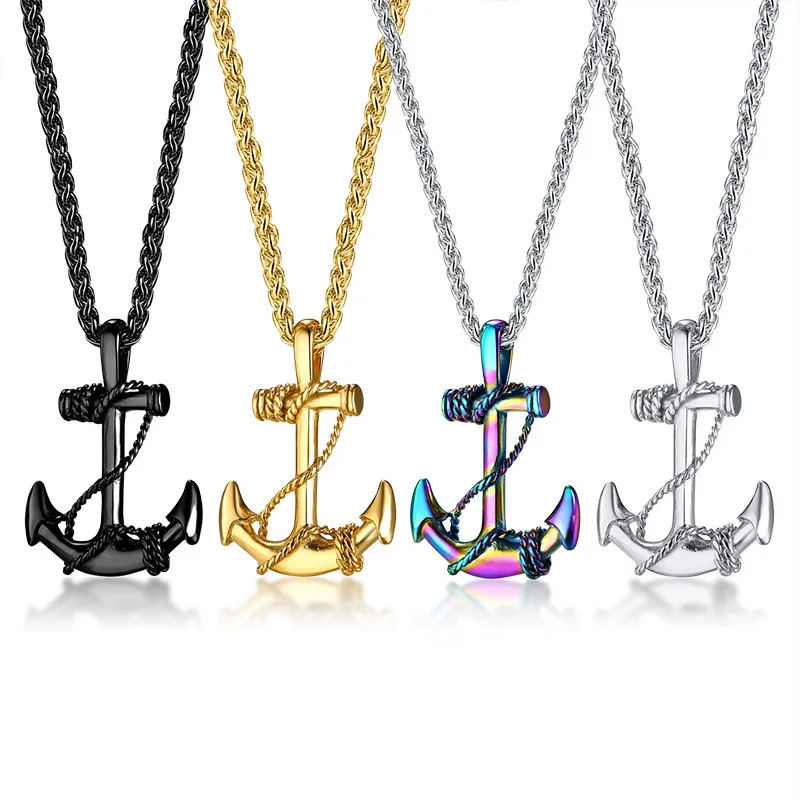 

Vantage Stainless Steel Men Charm Pendant Anchor Necklace, Silver or gold or black, rainbow