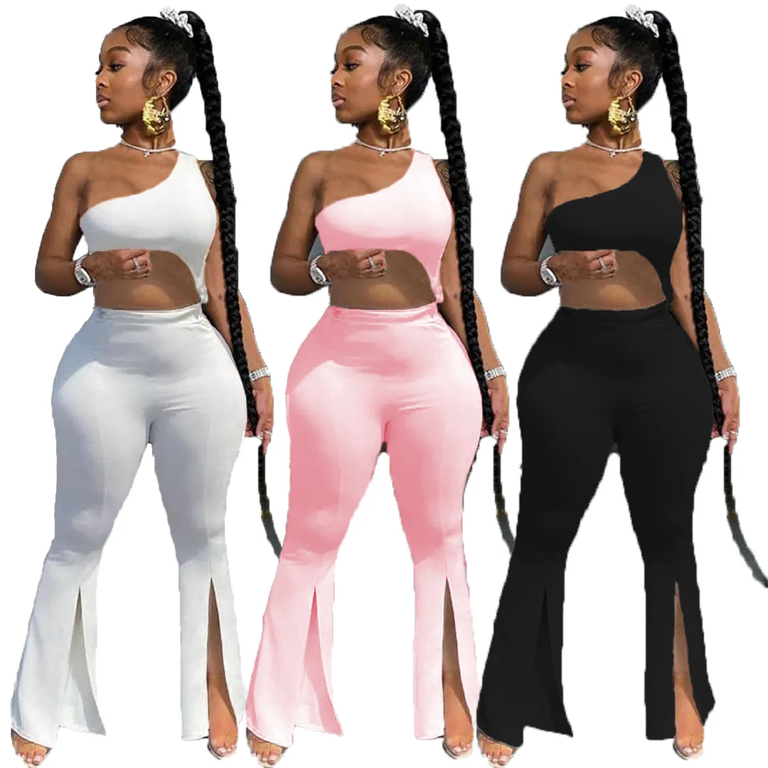 

Summer 2021 sexy two piece sets sleeveless solid color two piece set women clothing crop top plus size two piece pants set, Picture