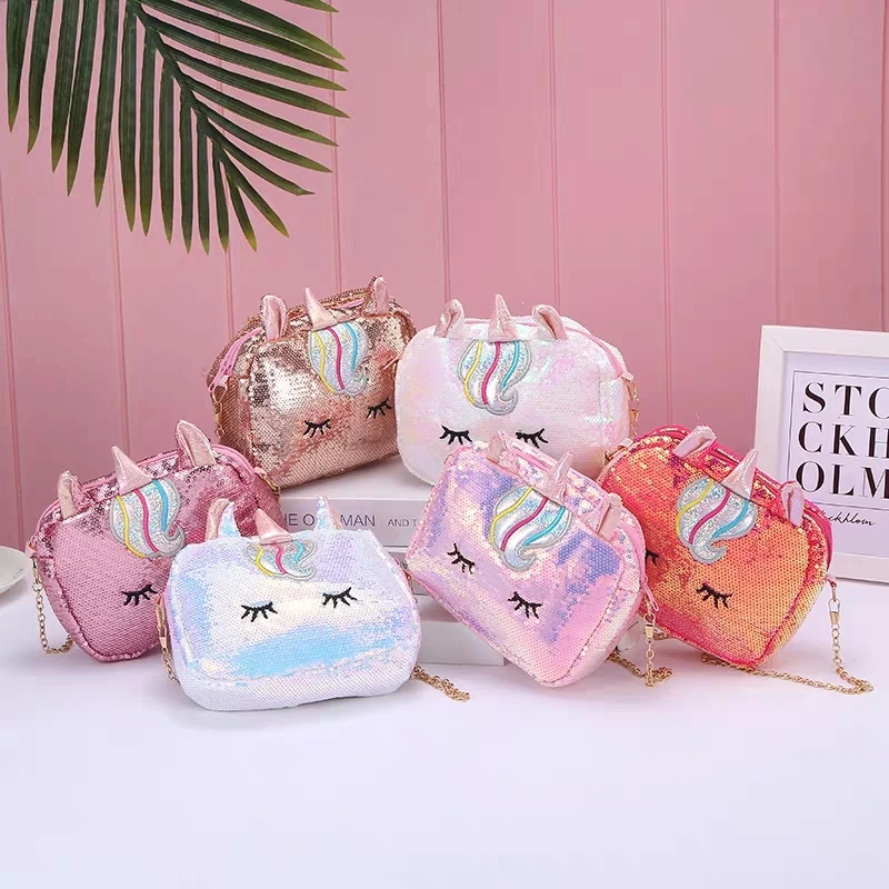 

Wholesale hot selling cheap cute unicorn sequins girls crossbody bags kids coin purse handbags for women, White,pink,blue,orange,brown,purple