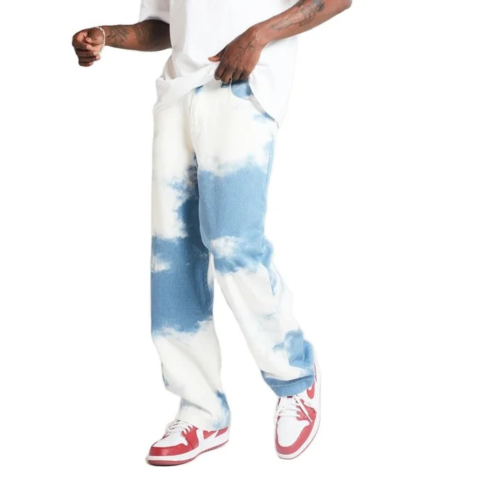 

2020 New loose white washed straight tie-dye denim trousers for men, As picture