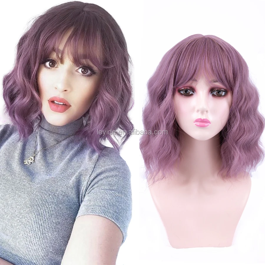 

AliLeader Hot Sale Beauty Colourful Curly Lolita Loose Wave Short Bob Wig Cosplay Water Wavy Syntheitc Hair Wigs WIth Bangs, 10 colors