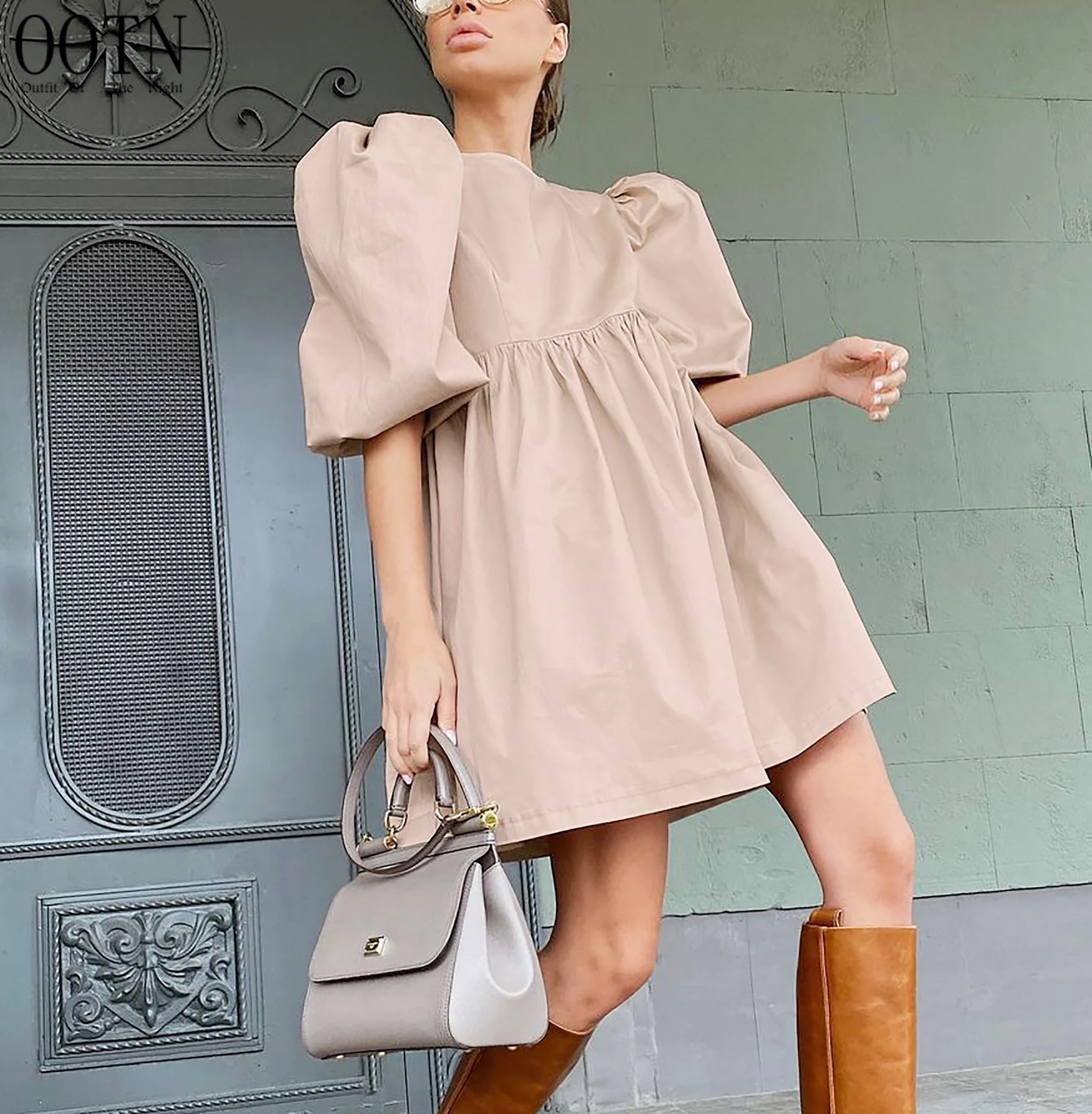 

OOTN Lantern Short Sleeve Solid Pink Mini Dress Ladies Elegant A Line Summer Dresses Cotton Green O Neck Casual Women Dress