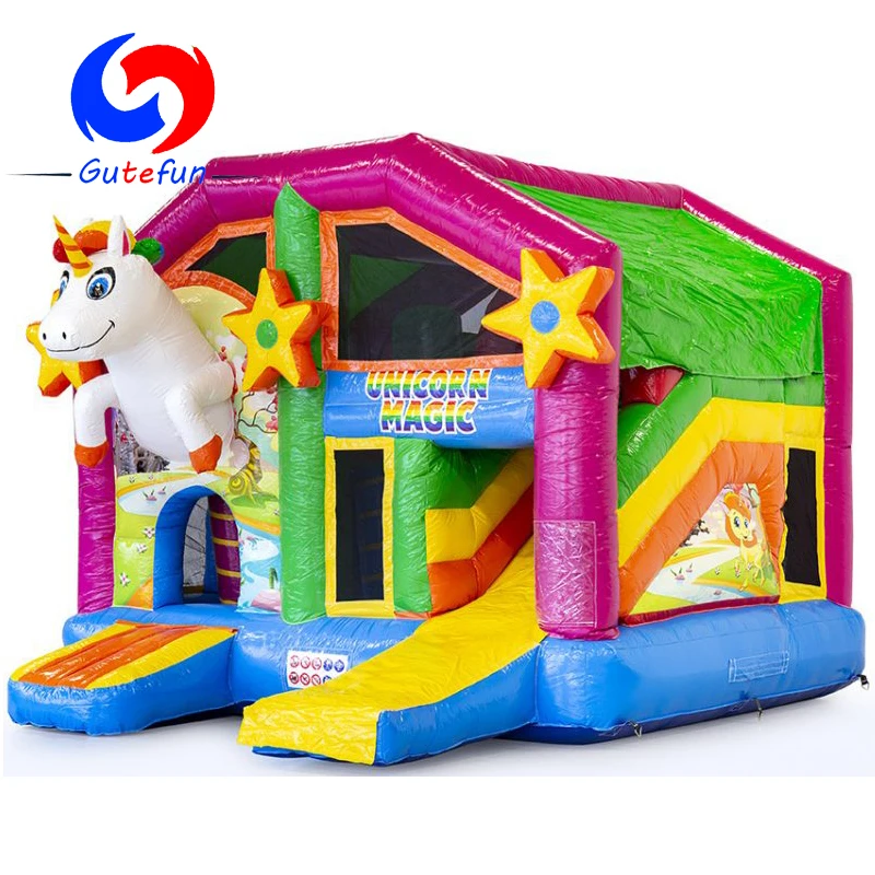 

GUTEFUN 2021 NEW party event sport day kids Multi play bright unicorn inflatable bouncy castle with roof for sale