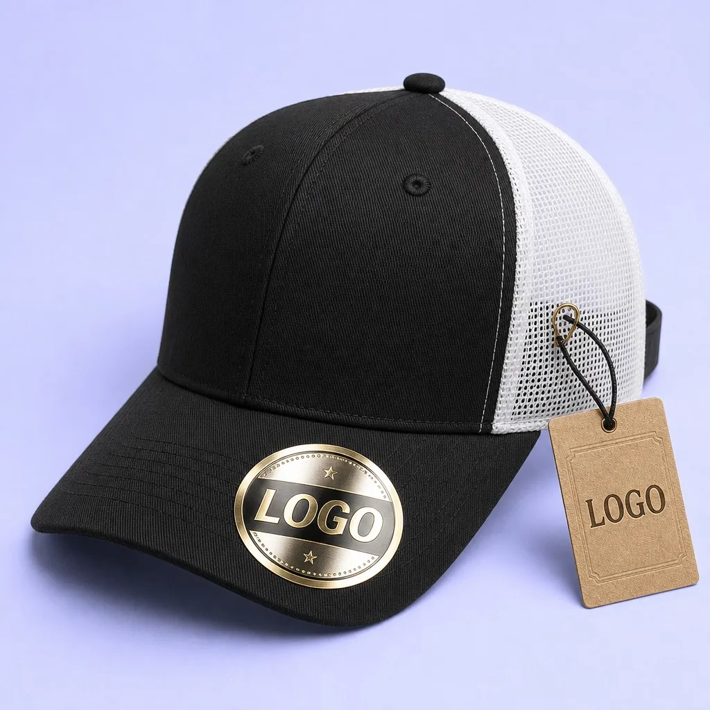 Black and White Trucker Cap with Metallic Gold Visor Sticker and Kraft Hang Tag with Brass Eyelet