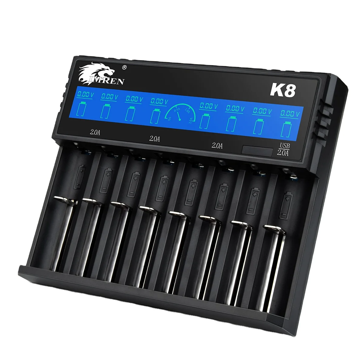 

IMREN k8 high voltage for mechanical battery charger with charger 8 slots 5v/2A 5v/1A 18650 26650 20700 battery, Black