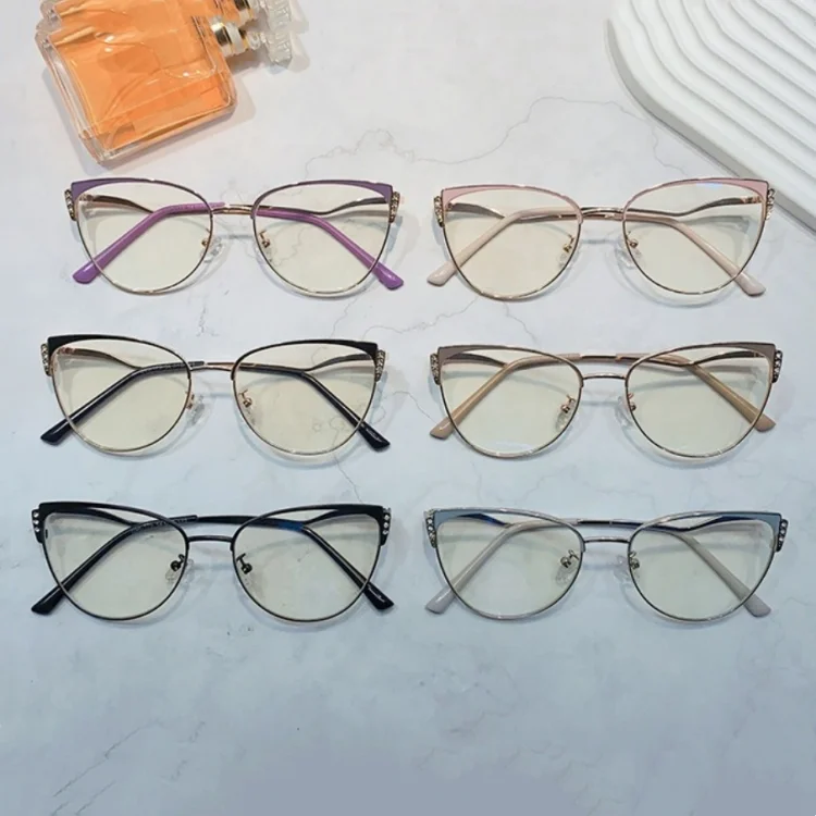 

Retro Diamond Women Eyebrow Cat Eye Metal Pink Clear Lens Women Glasses Frame Fashion Optical Eyeglasses