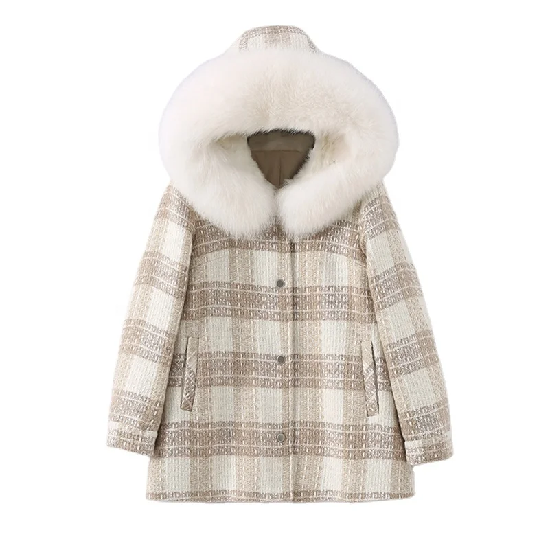 

Pudi Women Winter Real Fox Fur Coat Jacket 2021 Ins Hot Lady Over Size Hood Wool Blends Parka Trench Z21086