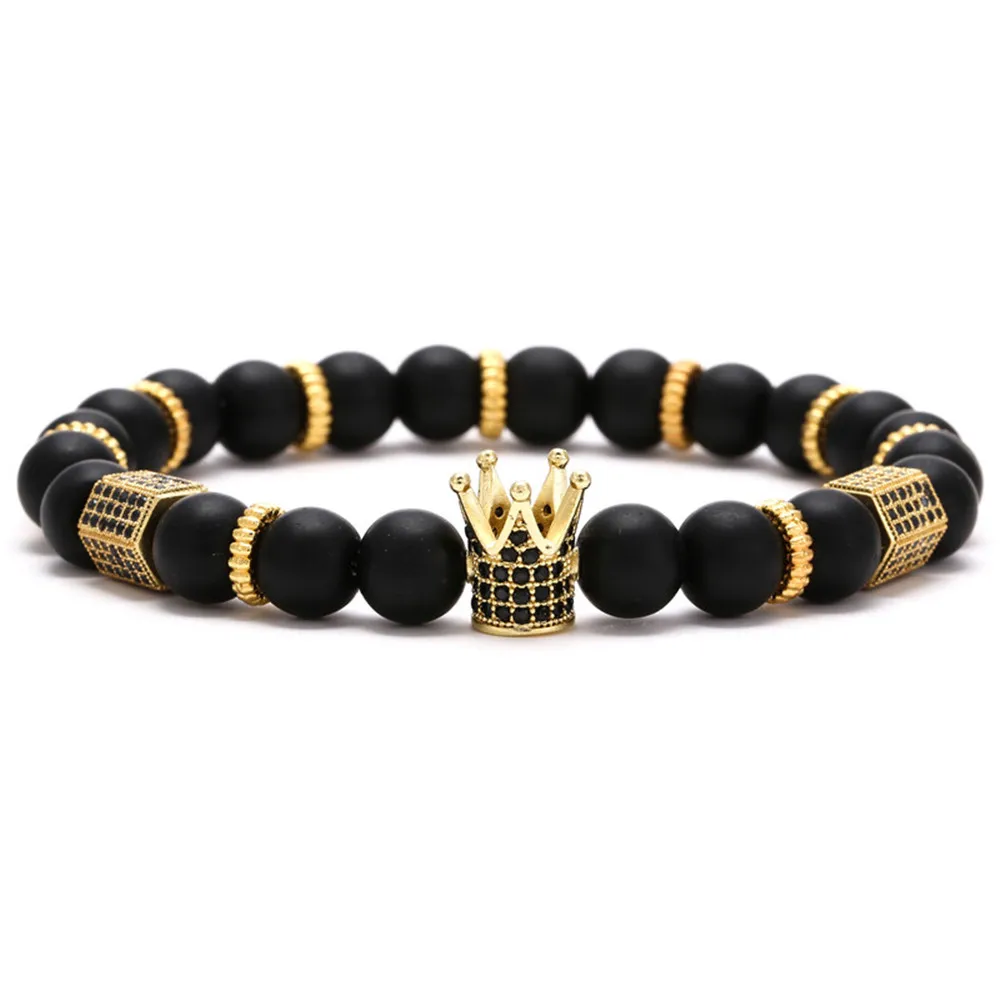 

8mm Black Matte Onyx Stone Beads Crown King Charm Bracelet for Men Women, Accept customization