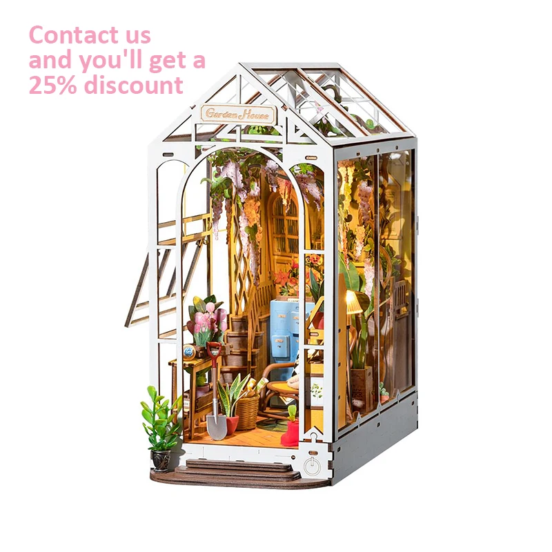 

Robotime Rolife Contact Get 25% off 3D Wooden DIY Miniature House Book Nooks TGB06 Garden House Assemble Toys Bookends