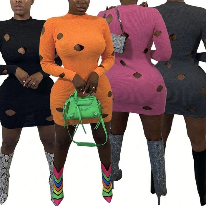 

W6834-Women Fall Clothes 2021 Casual Broken Hole Long Sleeve Bodycon Mini Dress