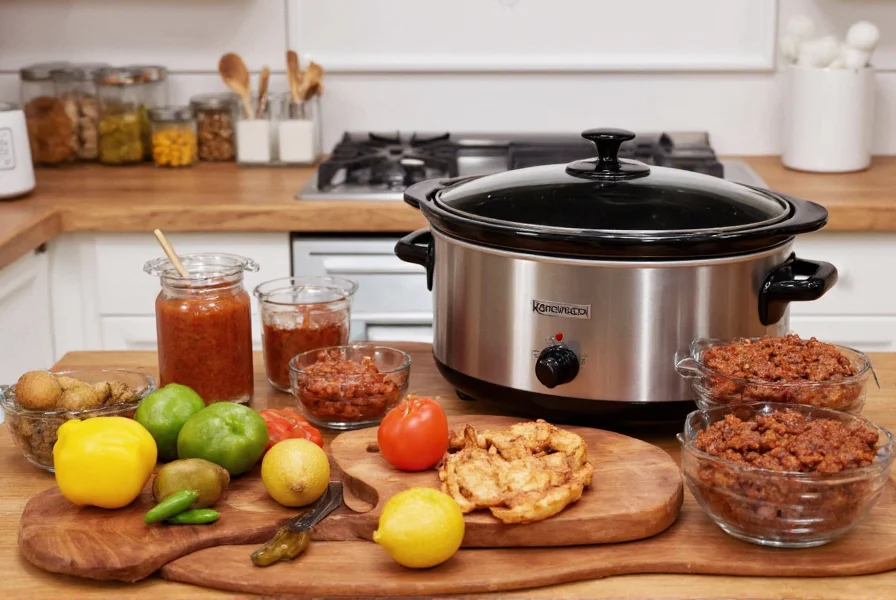 Spicy slow cooker chili ingredients arranged on kitchen counter with slow cooker