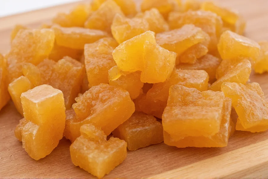 Close-up photograph of raw asafoetida resin chunks showing their translucent amber appearance against a wooden cutting board