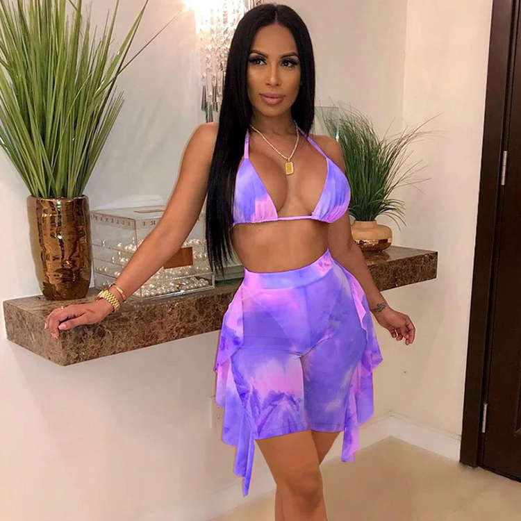 

Summer New Design Clothing For Women Tie Dye Ruffle Bra Top With High Waist Pants Outfits Sets 2 Two Piece Set -SM, Light blue,pink, yellow, rose red, orange, deep blue, purple