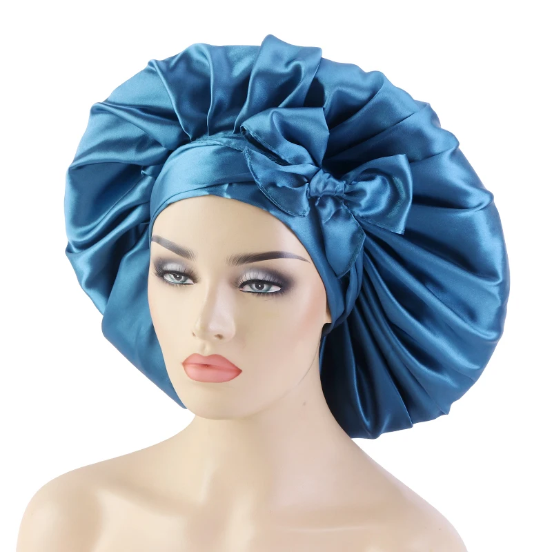 

Wholesale Custom Logo Hair Accessories New Design Large Size Solid Color Satin Sleep Cap with Tie Wraps Bonnets For Women